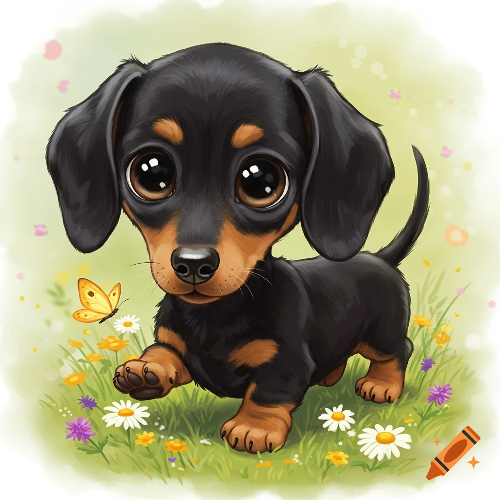 Cute black and tan dachshund puppy in a field of flowers with a butterfly.