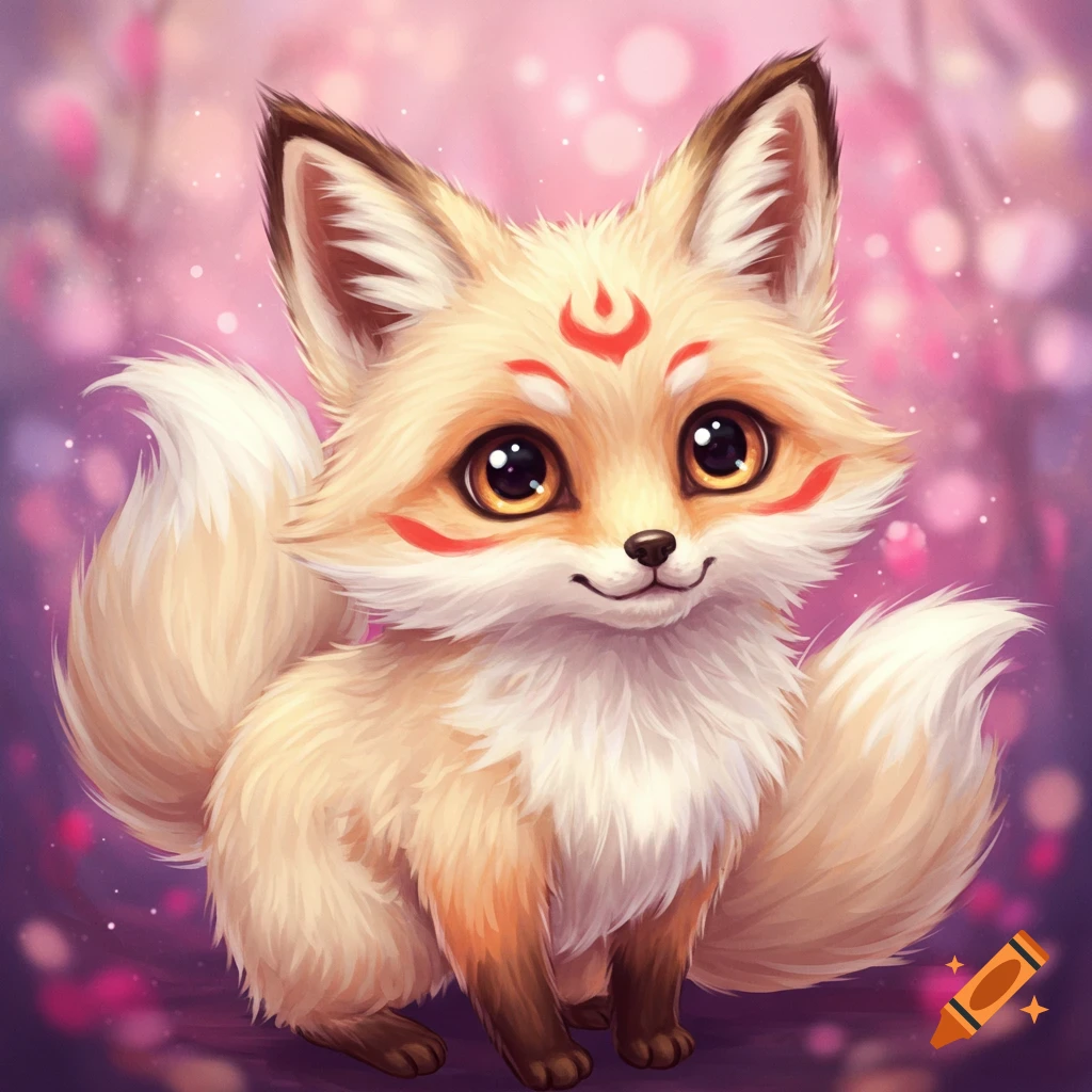 A cute picture of a small kitsune (fox) with multiple tails.