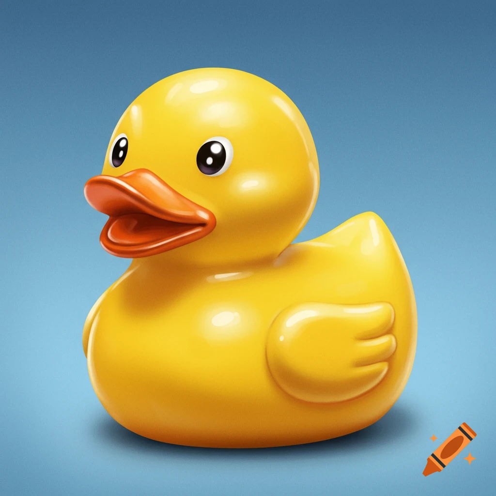 A bright yellow rubber duck with an orange beak against a blue background.