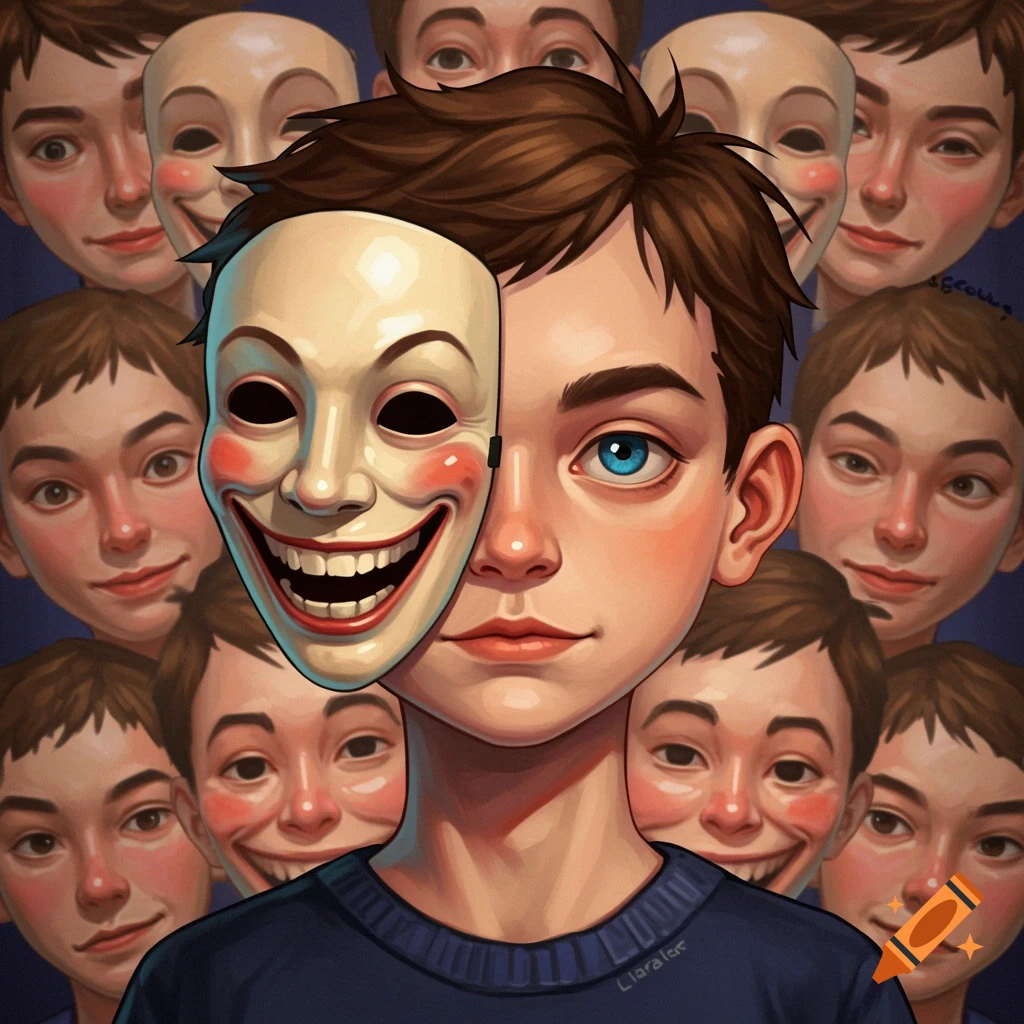 A boy holds a smiling mask over his face, while his real face is expressionless. Behind him, multiple faces wear the mask's wide smile.