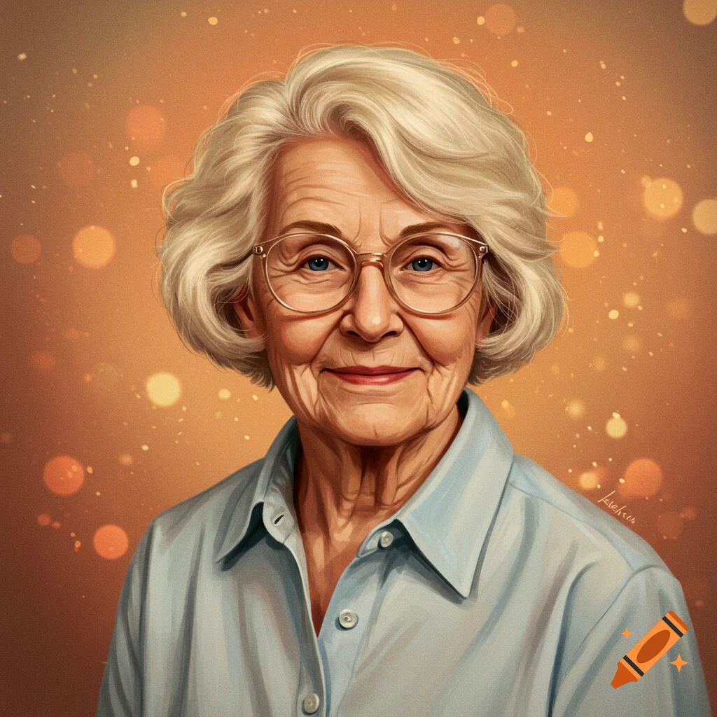 Portrait of an older woman with short white hair and glasses