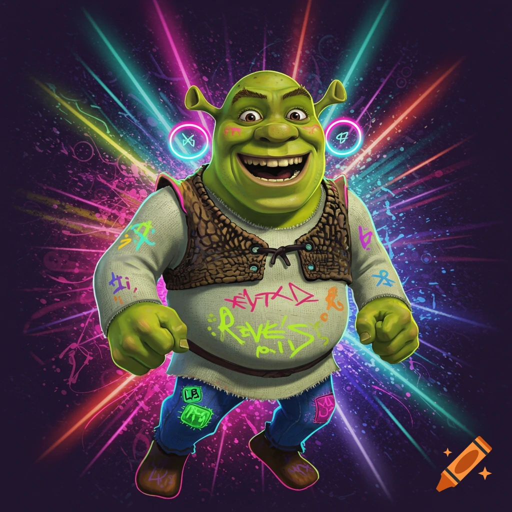 Shrek in a rave outfit covered in neon graffiti, surrounded by bright light beams.
