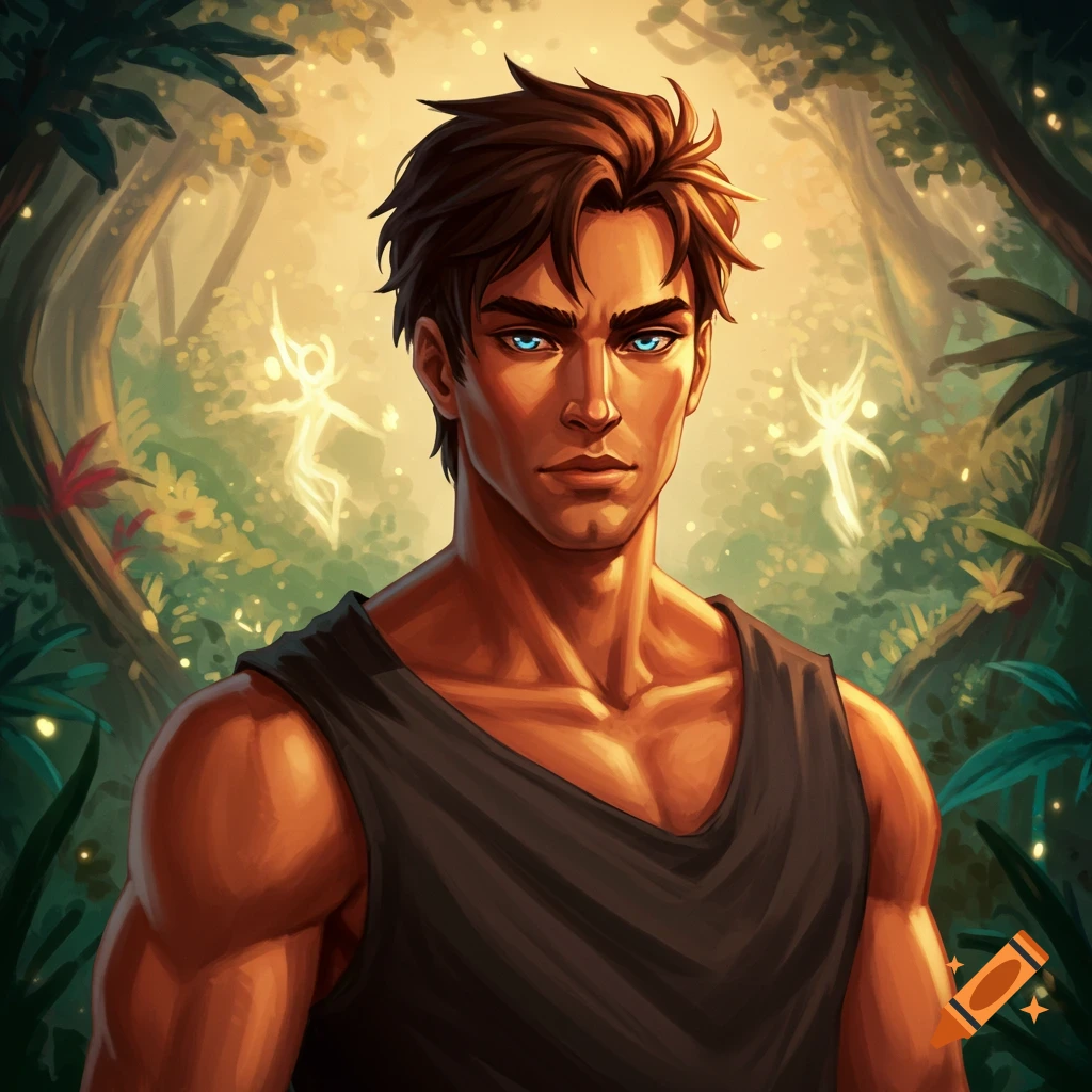A man with blue eyes in a jungle setting