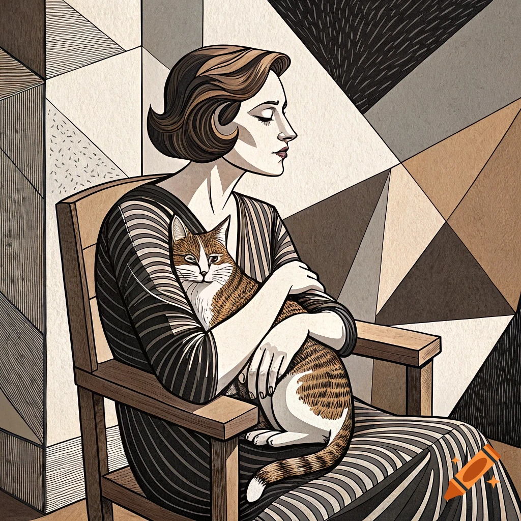 A woman sits on a chair holding a cat, in a cubist-inspired graphic style.