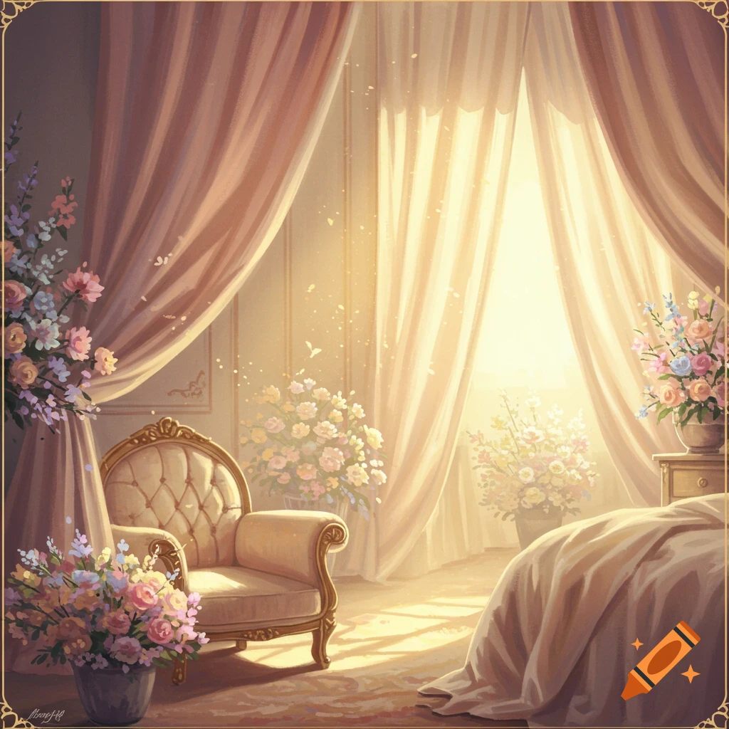 A sunlit bedroom with floral arrangements, heavy drapes, and a tufted armchair.