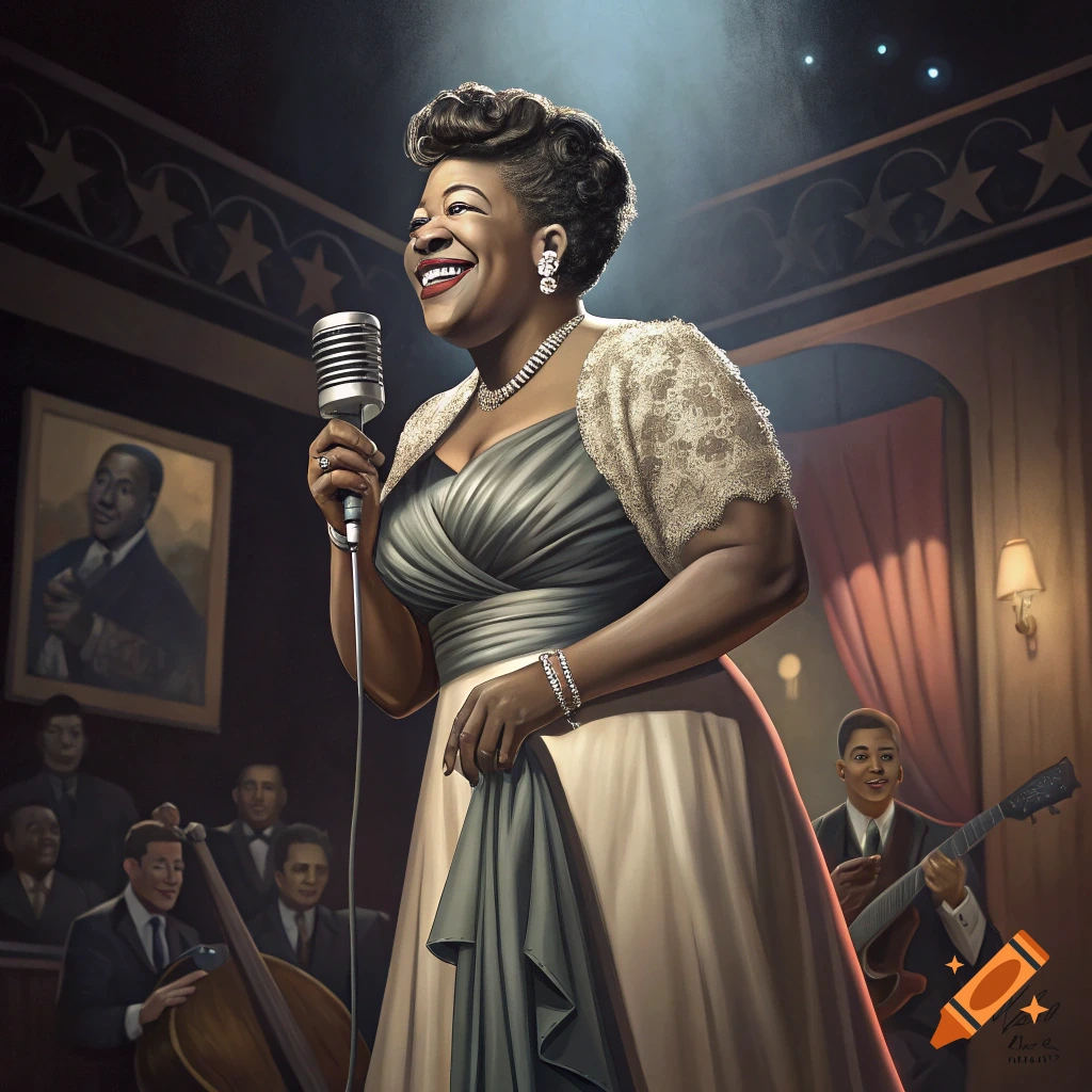 Illustration of a female singer on stage under a spotlight with a band in a vintage setting.