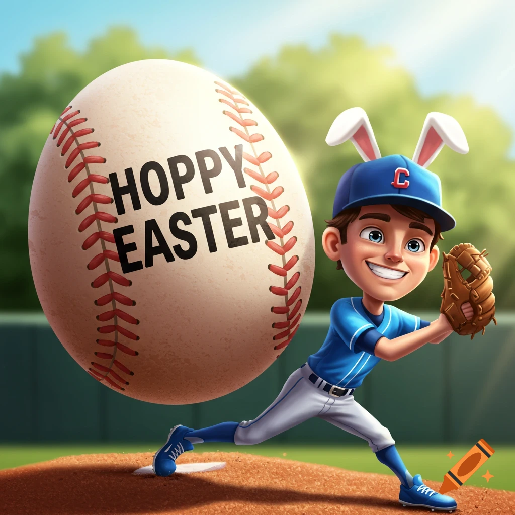Cartoon boy in bunny ears pitches 'Hoppy Easter' baseball egg