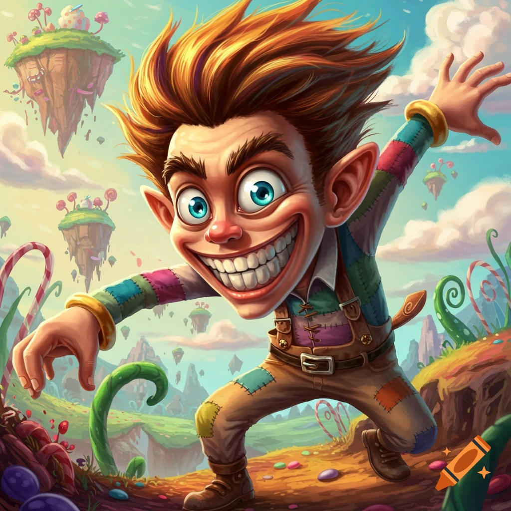 A cartoony character with spiky hair and big grin in a colorful fantasy candy land landscape with floating islands.