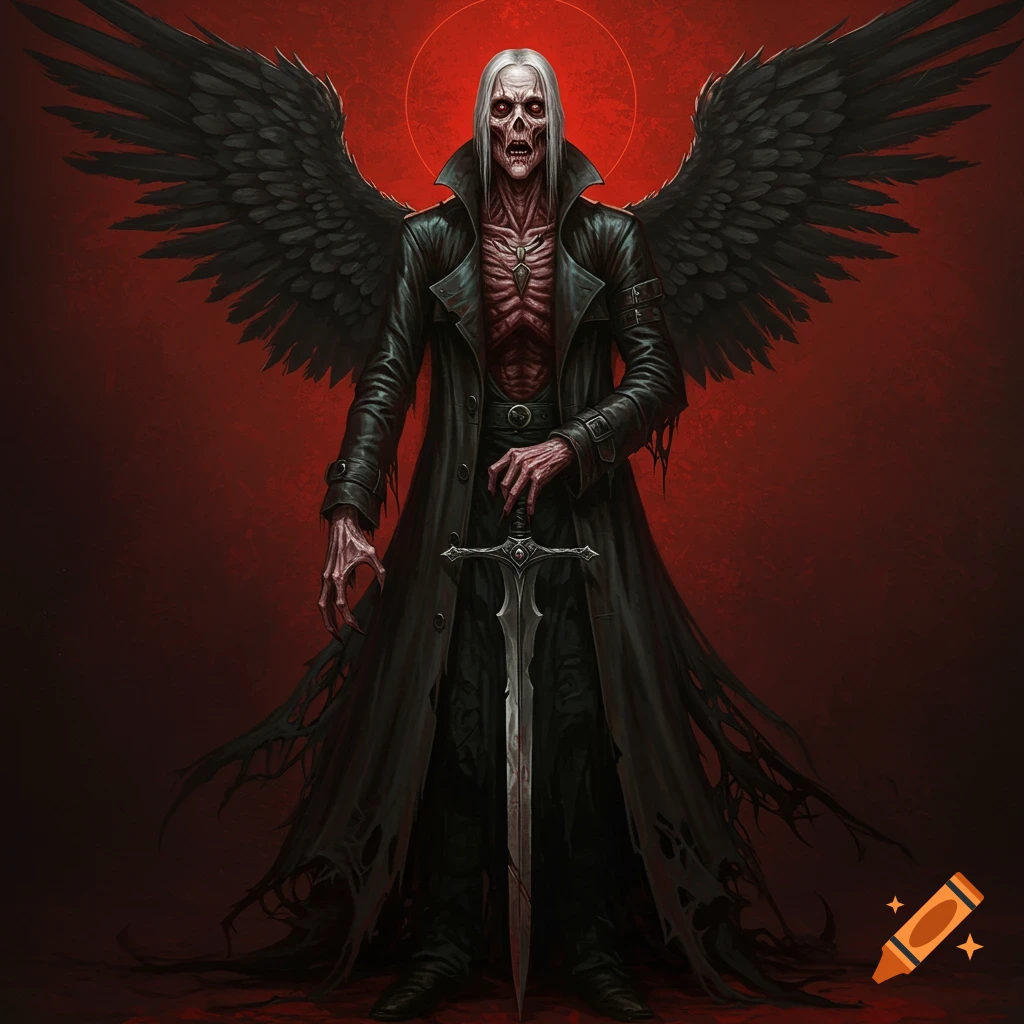 A dark fantasy illustration of a gaunt figure with white hair, black wings, and a trench coat, holding a sword against a red background.