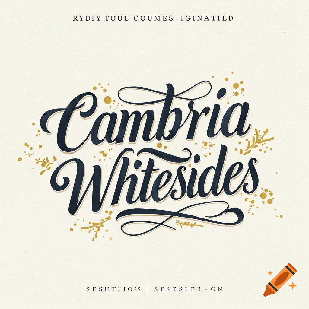 Stylized dark blue text "Cambria Whitesides" with gold decorative flourishes on a cream background.