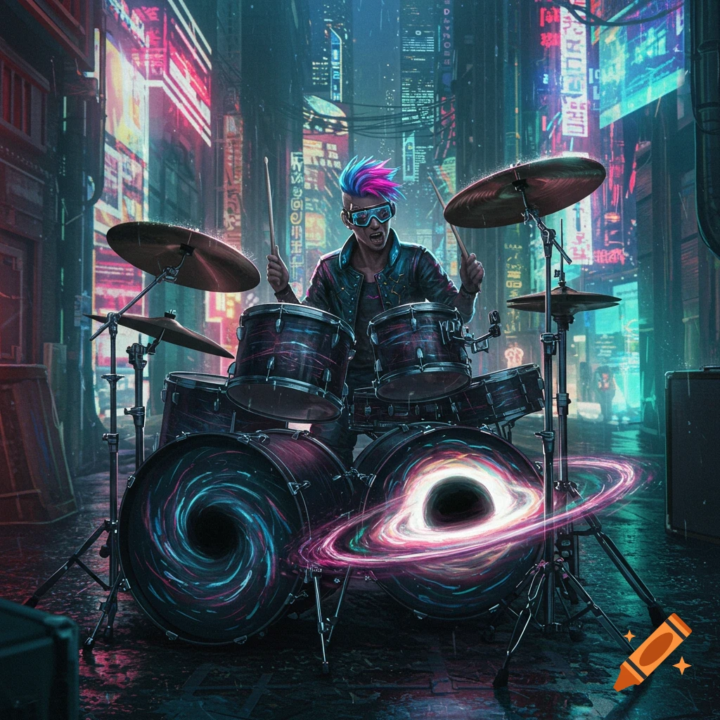 A cyberpunk drummer plays a drum set with black hole designs in a neon-lit city street.