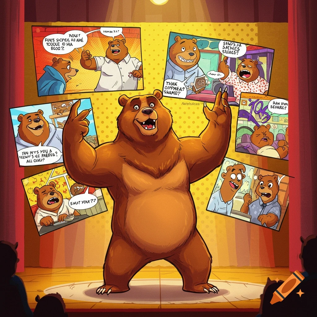 A cartoon bear on stage doing stand-up comedy with comic panels featuring bears.