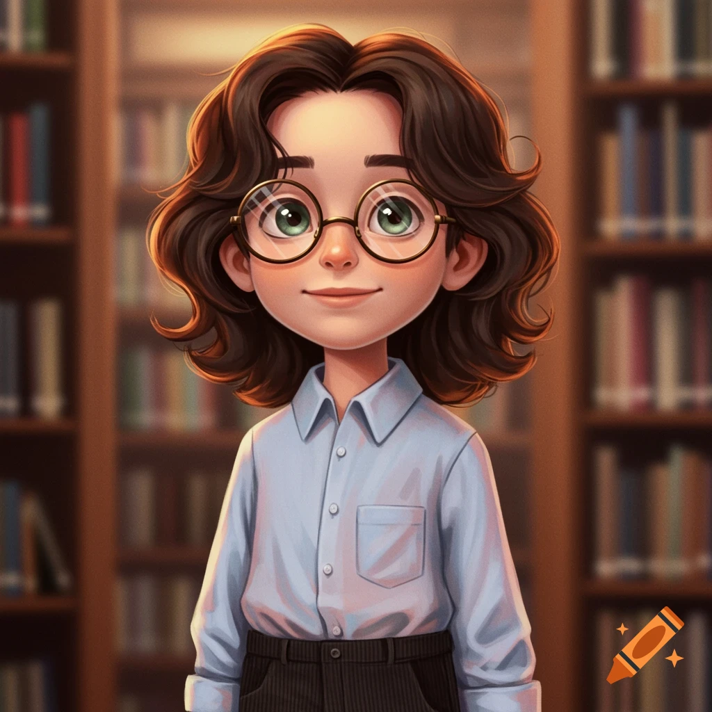 A stylized portrait of a young person with glasses in a library.