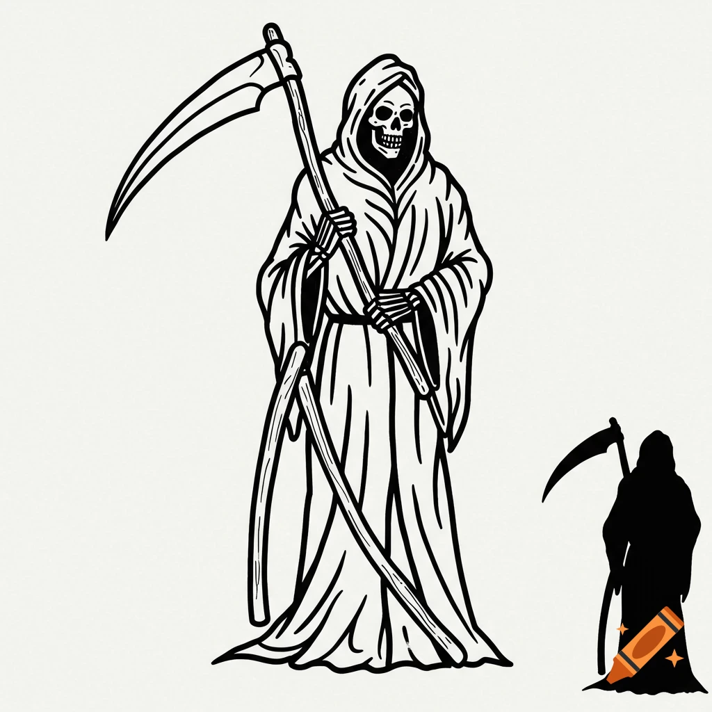 A black and white tattoo stencil outline of a Grim Reaper holding a scythe, with a smaller silhouette version beside it.