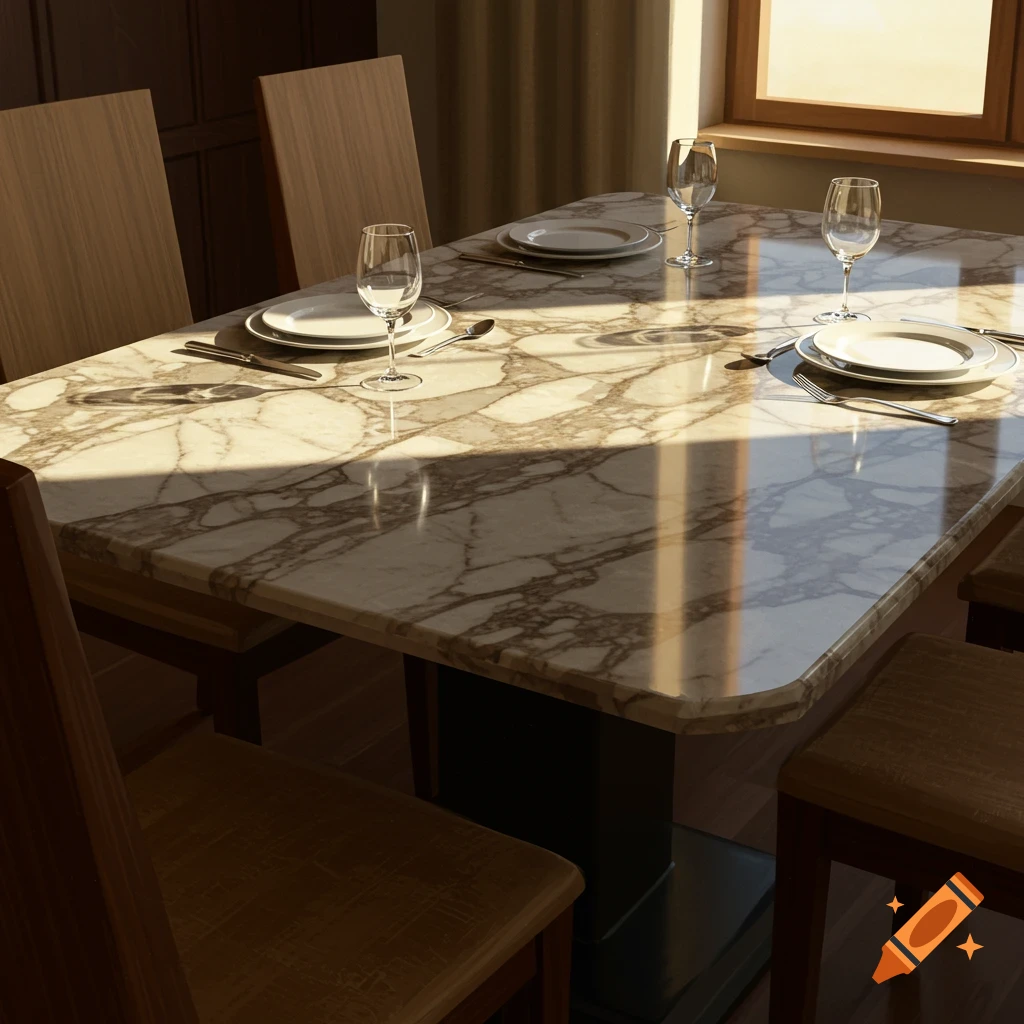 Close-up of a marble top dining table set with plates and glasses, bathed in sunlight.