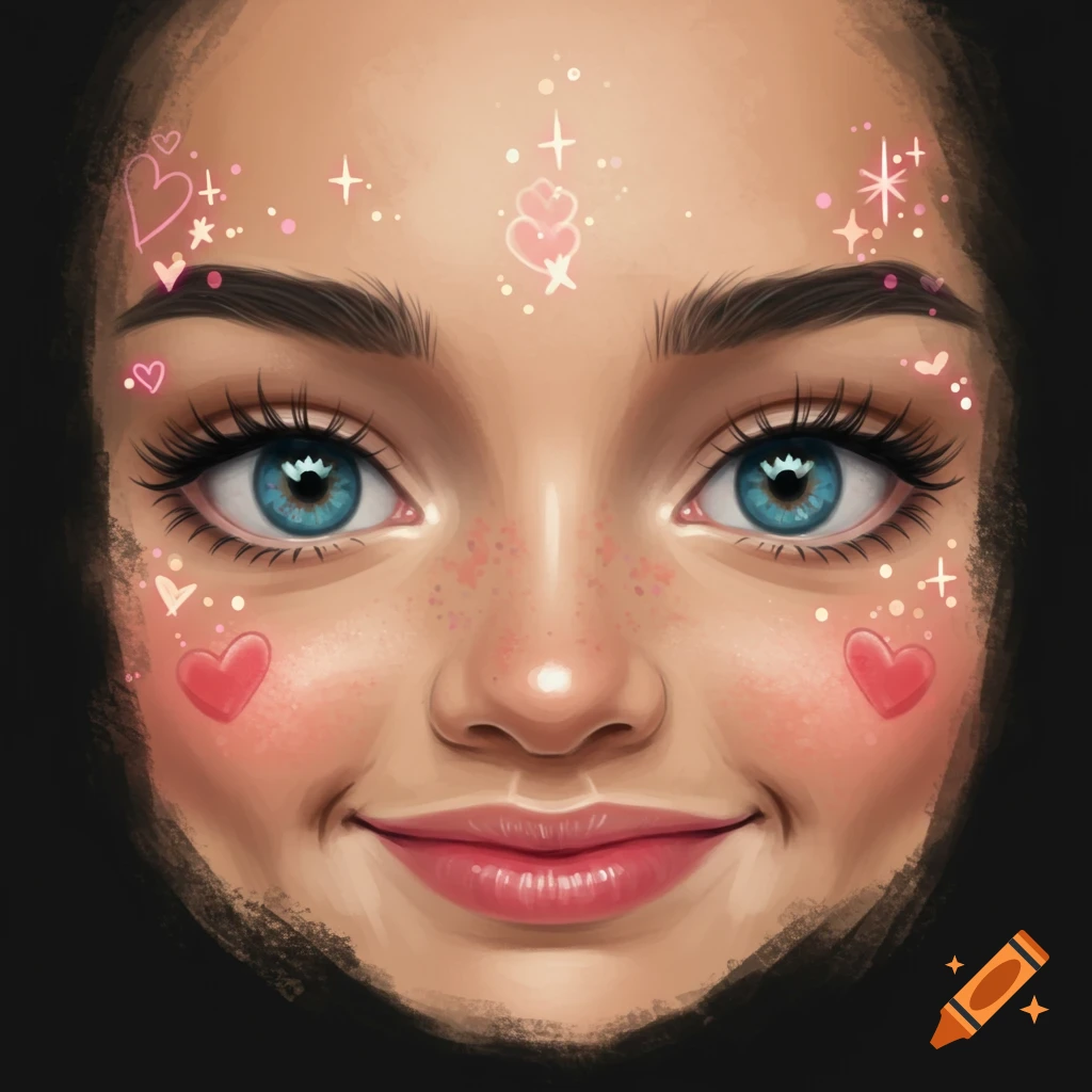 A face with bright eyes and a smile, adorned with hearts and sparkles.