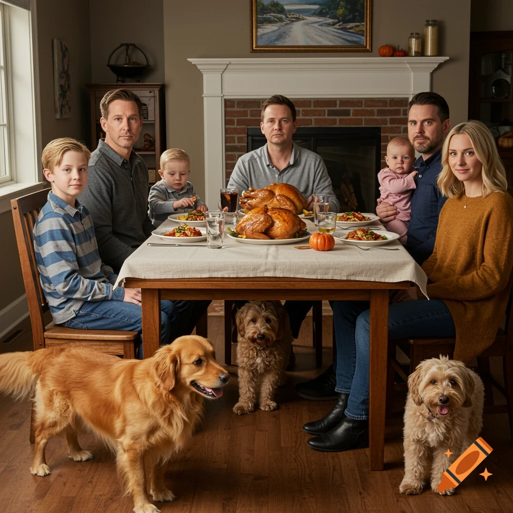 A family sits around a dinner table with two roasted turkeys and side dishes, joined by three dogs on the floor.