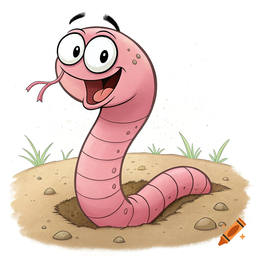 A pink cartoon worm with large eyes smiles broadly as it emerges from a hole in the brown dirt.