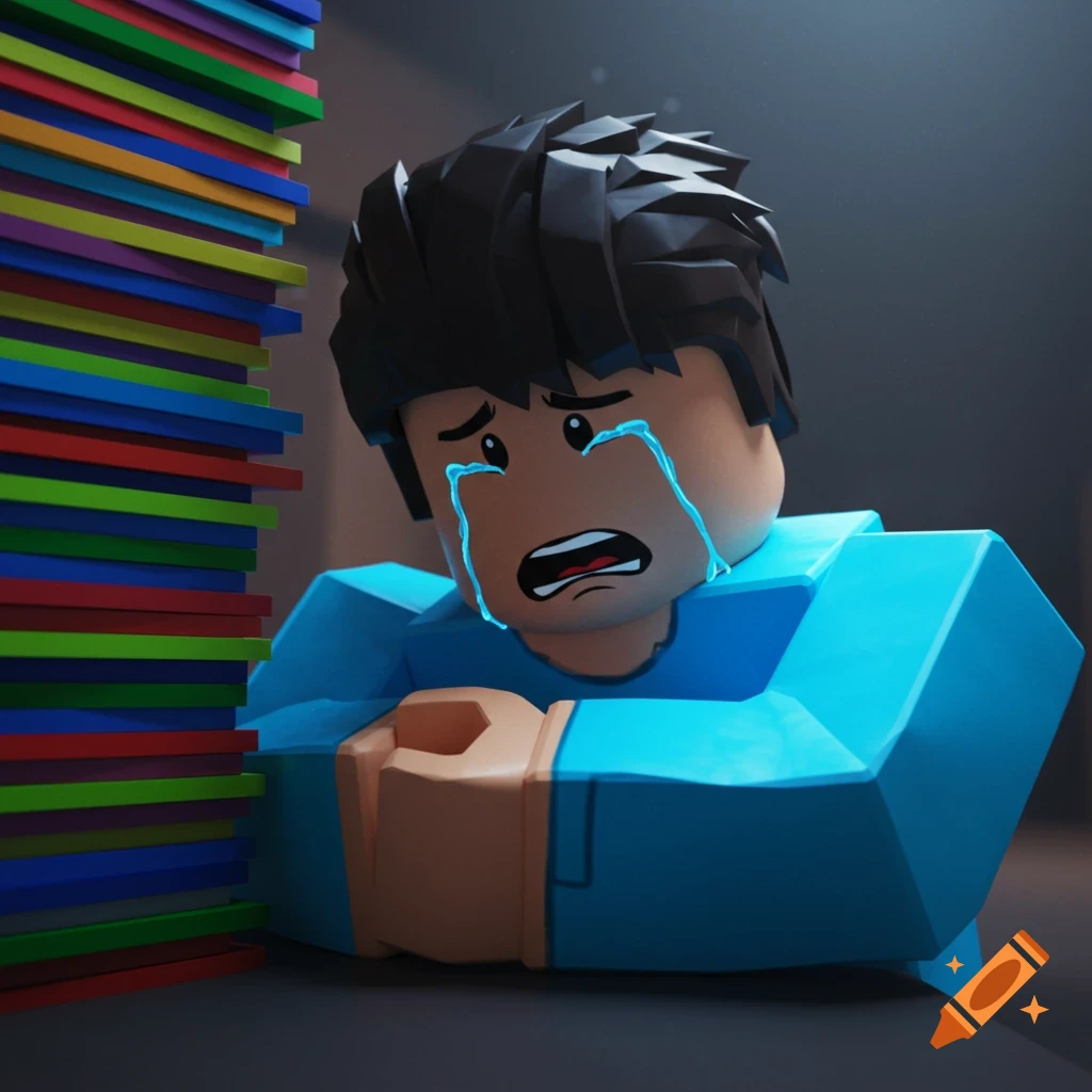 Roblox character crying next to a stack of colorful stripes