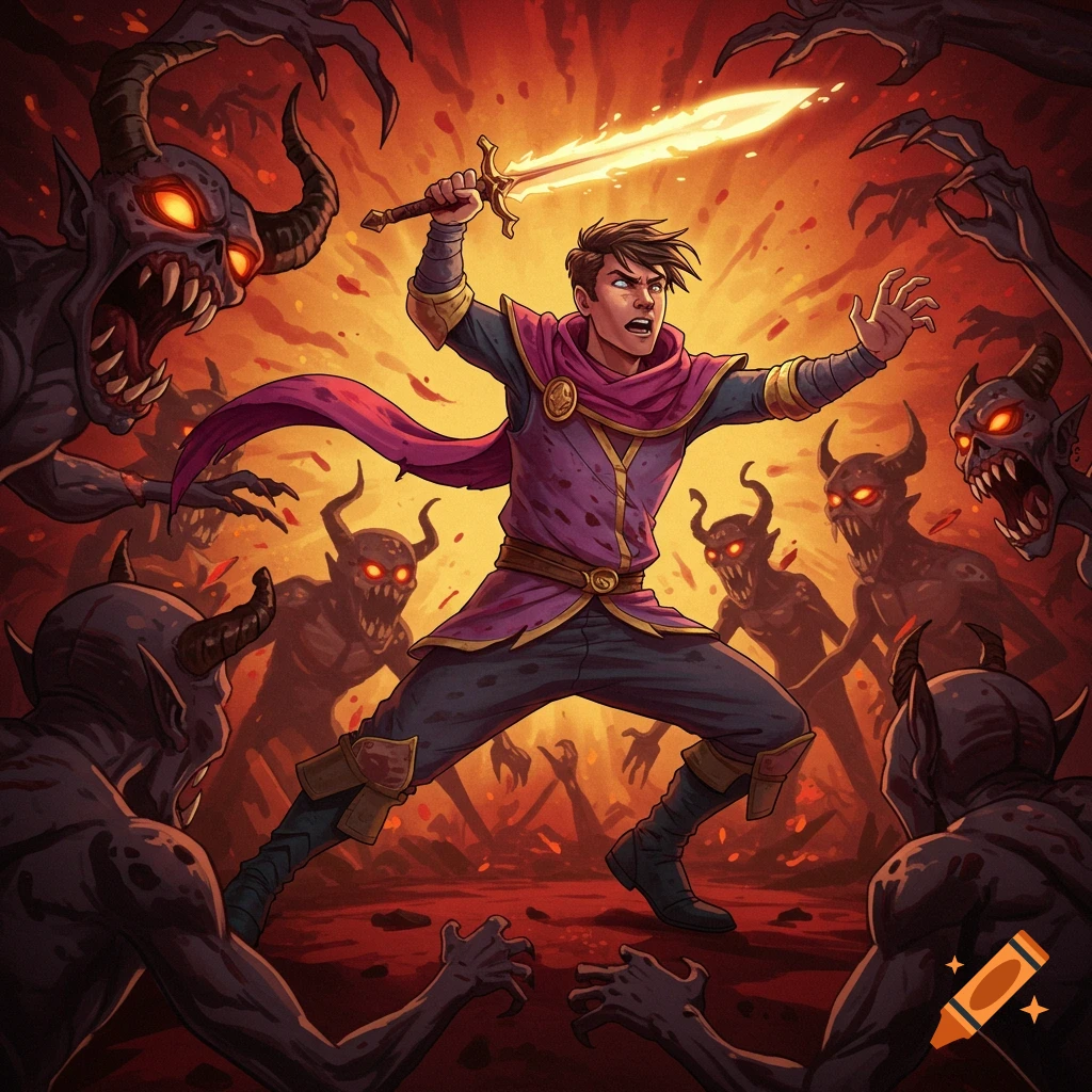 A hero in fantasy armor fights glowing-eyed demons with a flaming sword in a fiery scene.