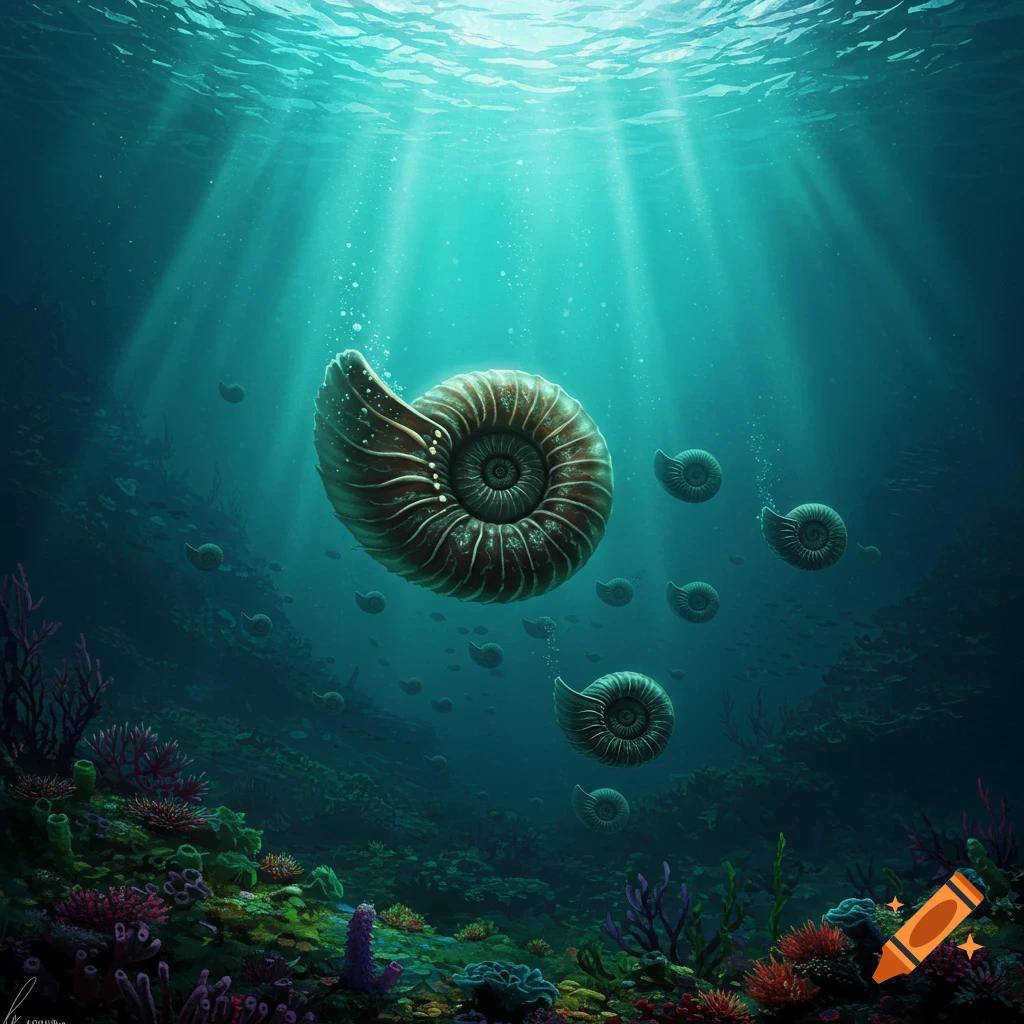 Ammonites swim in a sunlit ocean with a vibrant coral reef below.