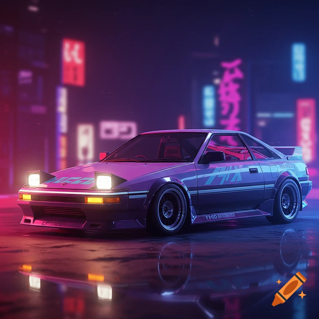 A purple retro-futuristic car with pop-up headlights parked on a wet street at night, illuminated by neon signs, in a synthwave style.