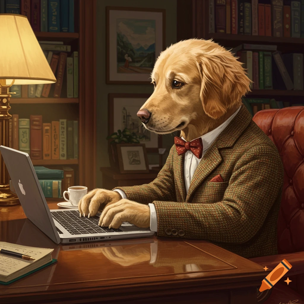 A sophisticated golden retriever in a tweed suit and bow tie sits at a desk in a library, typing on a laptop.