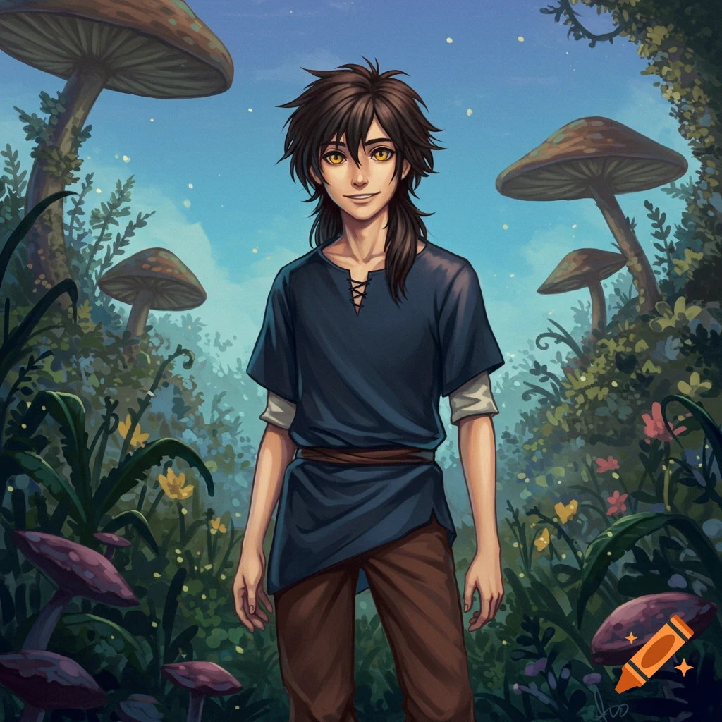 A young man with dark hair and yellow eyes stands in a fantasy forest with large mushrooms.