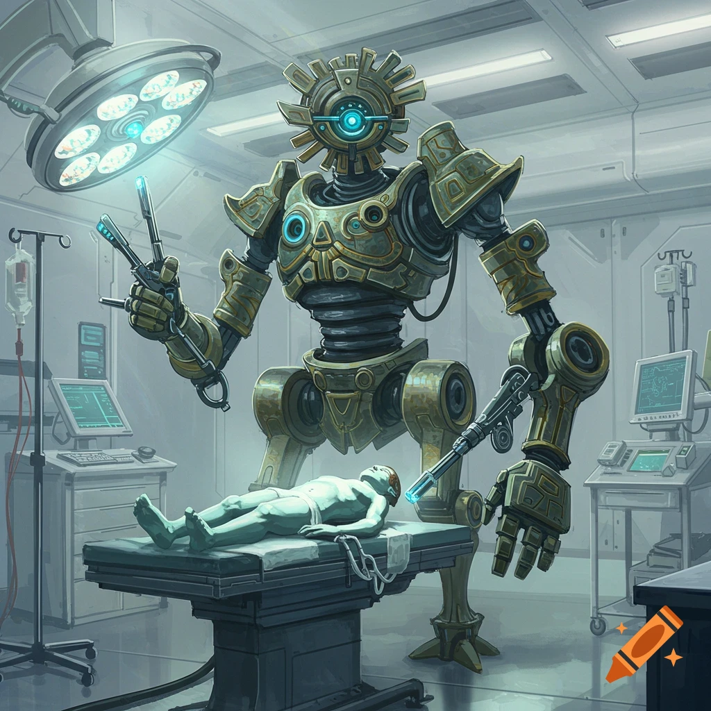 A large, intricate robot performing surgery on a figure in an operating room.