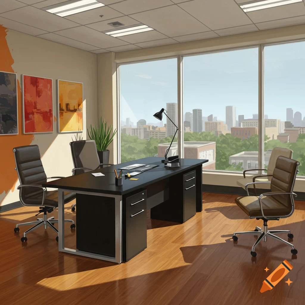 A modern office with a desk, chairs, and a large window overlooking a cityscape.