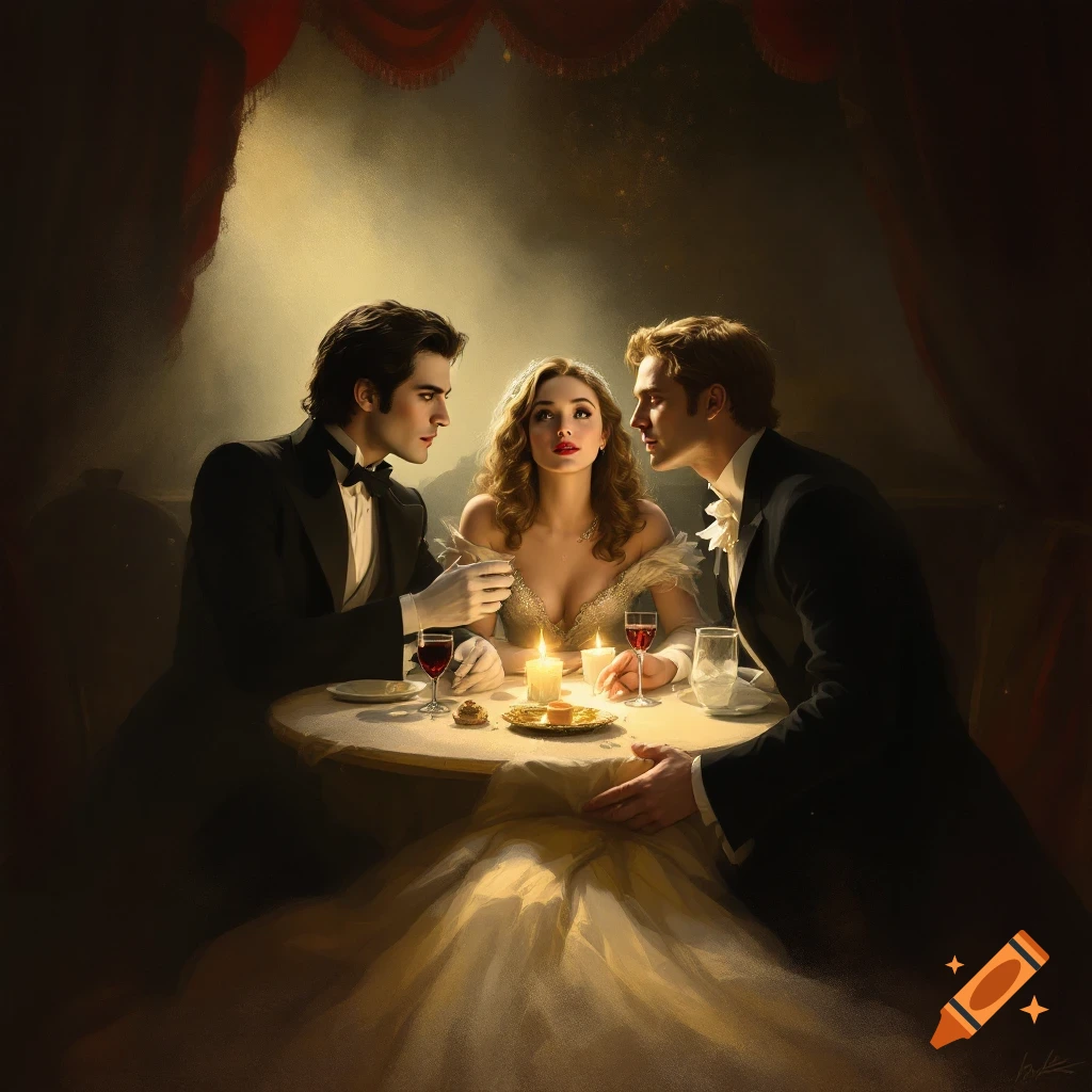 Three people in formal wear are dining at a table under dramatic light, in a theatrical setting.