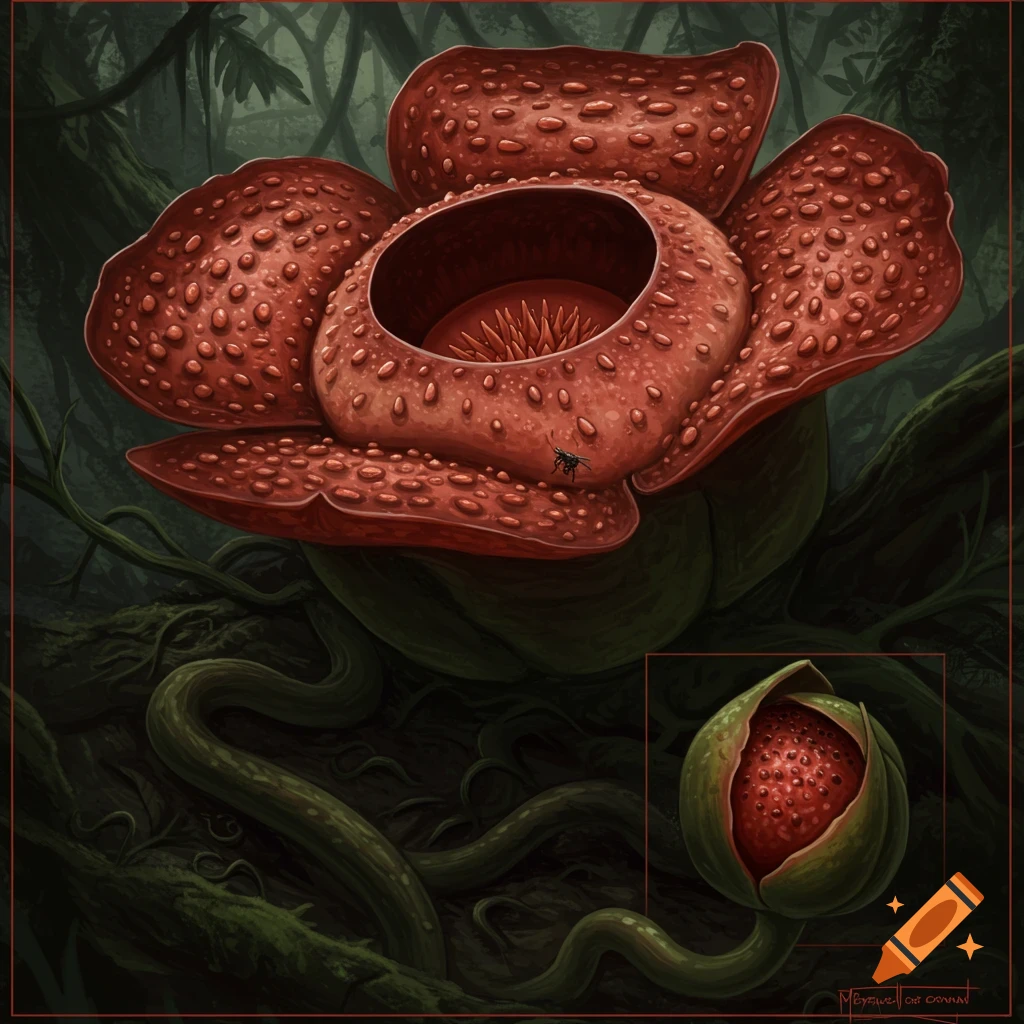 A large red Rafflesia flower and a bud are shown in a dark jungle setting.
