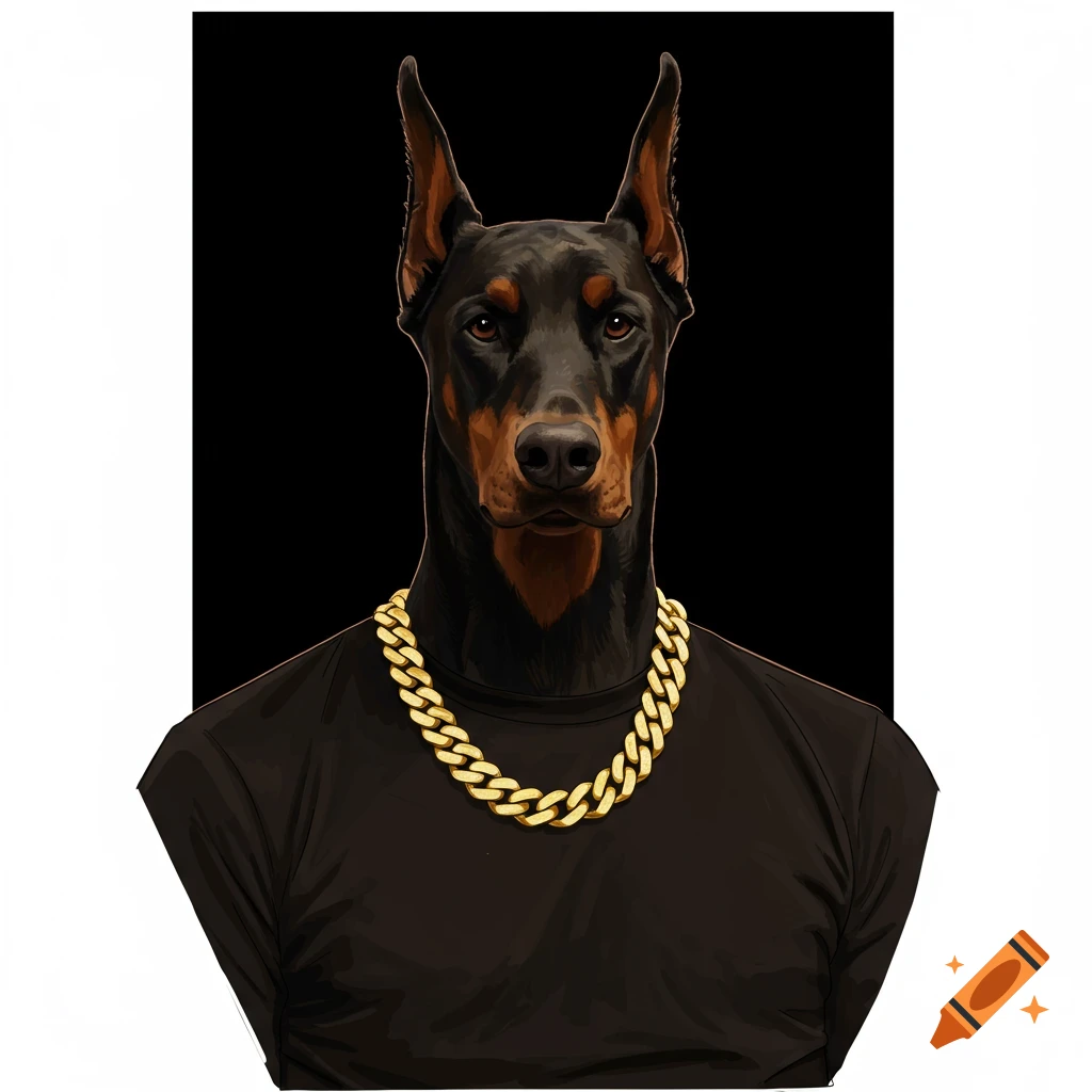 A Doberman head on a human body wearing a black shirt and gold chain