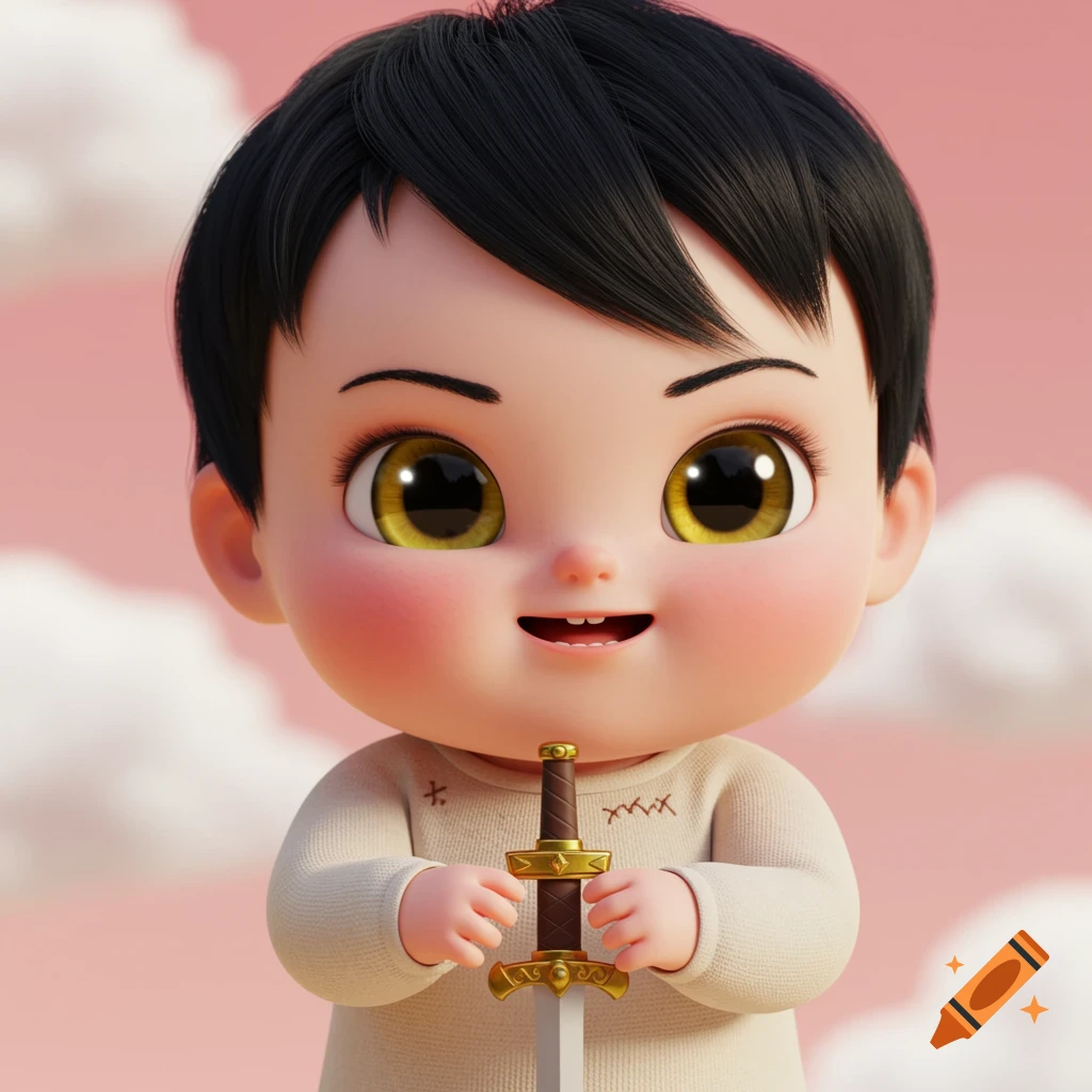Cute animated baby with black hair, gold eyes, and chubby cheeks, holding a small sword against a pink, cloudy background.