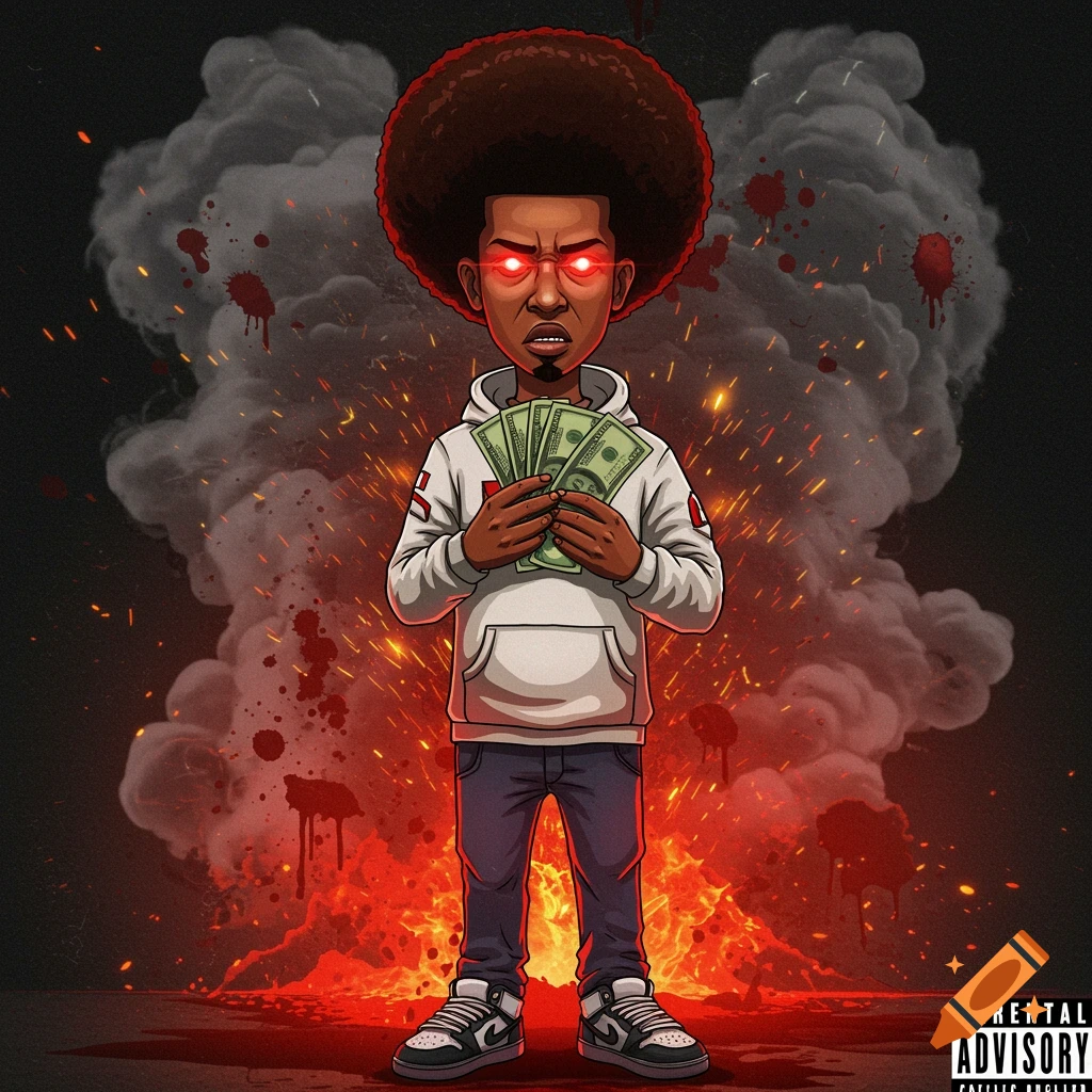 Cartoon illustration of a man with afro and red eyes holding money against a backdrop of smoke and fire. Parental Advisory logo.