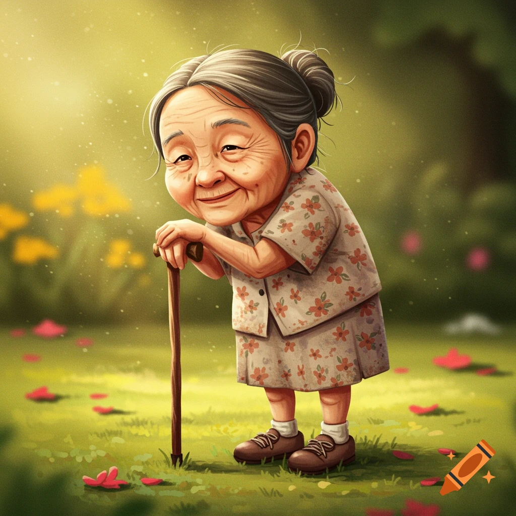 Caricature of an elderly Asian woman with a cane in a sunlit garden.