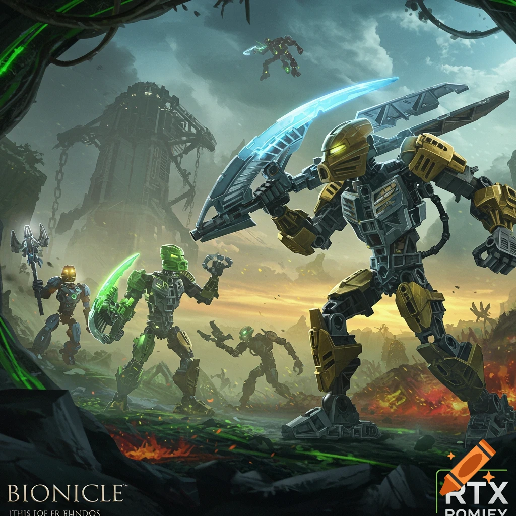Bionicle figures battling in a detailed landscape with a large structure in the background.