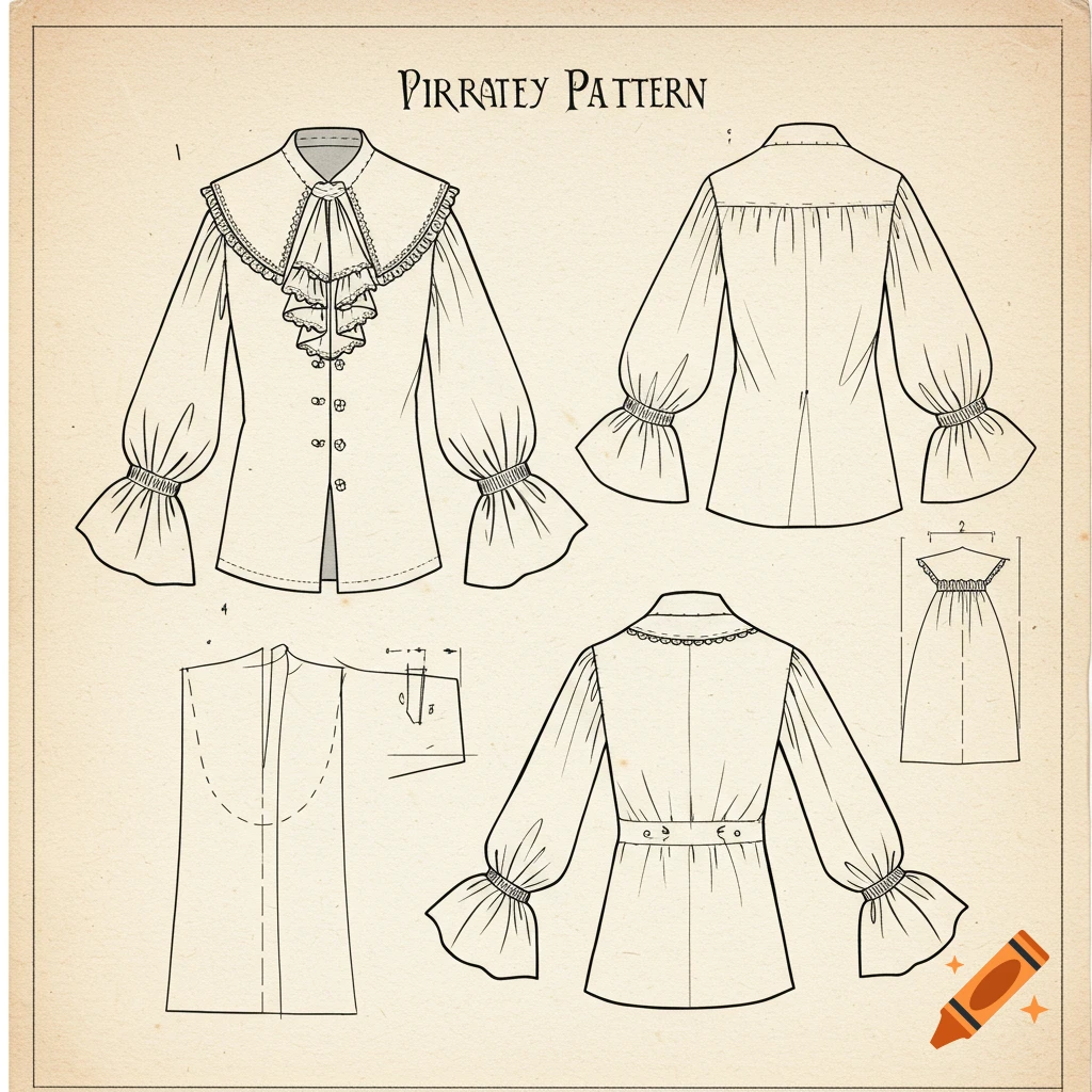 Line drawing of a sewing pattern for a ruffled Victorian-style shirt.