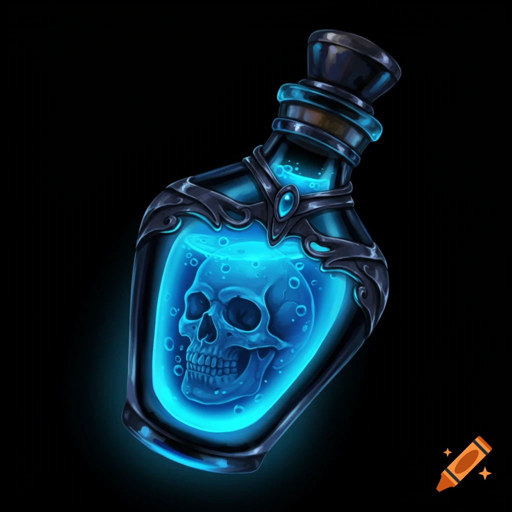 A dark potion bottle with glowing blue liquid and a skull inside