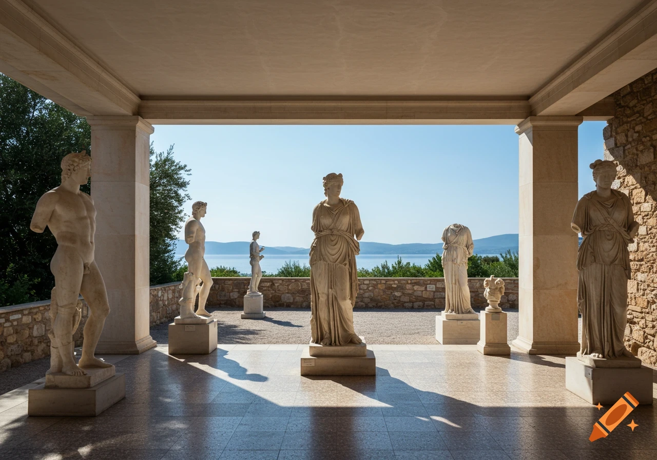 Classical marble statues displayed under a covered walkway overlooking a body of water and distant mountains.