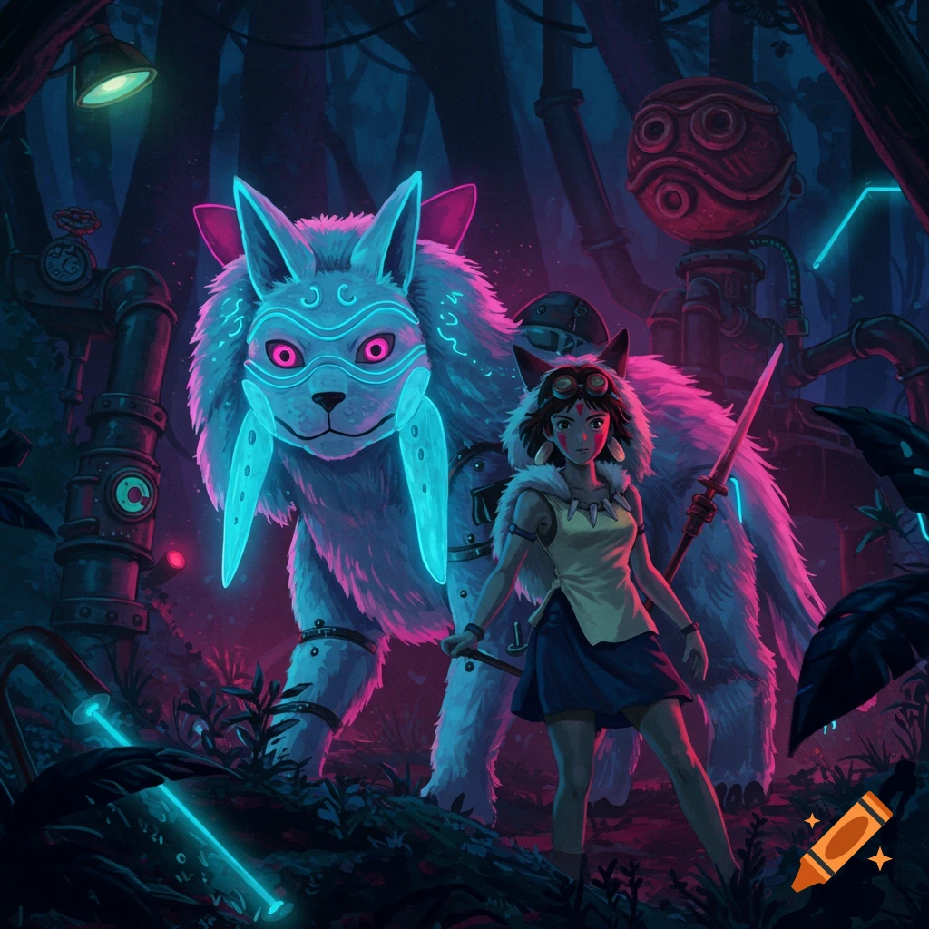 Princess Mononoke and a giant glowing wolf in a dark, neon-lit forest with steampunk elements.