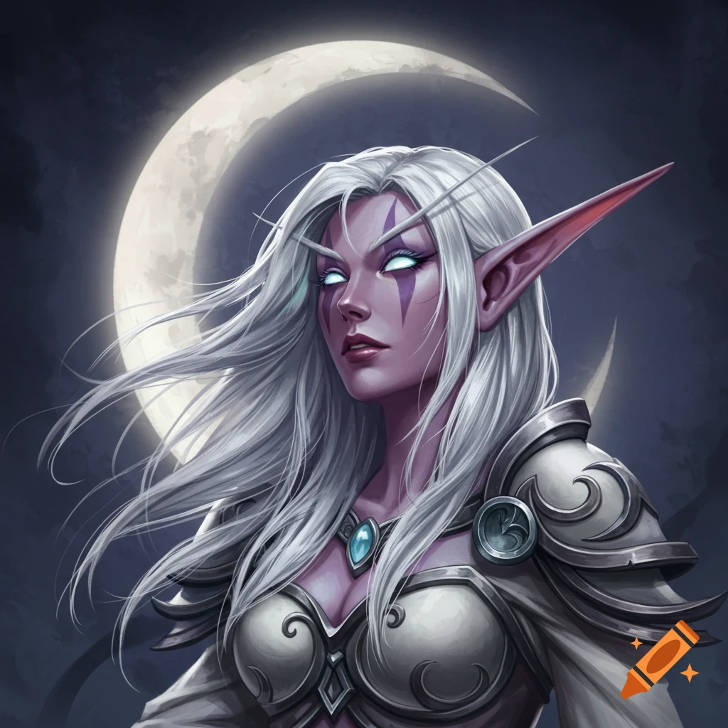 Night Elf character with white hair, glowing eyes, and armor under a crescent moon.