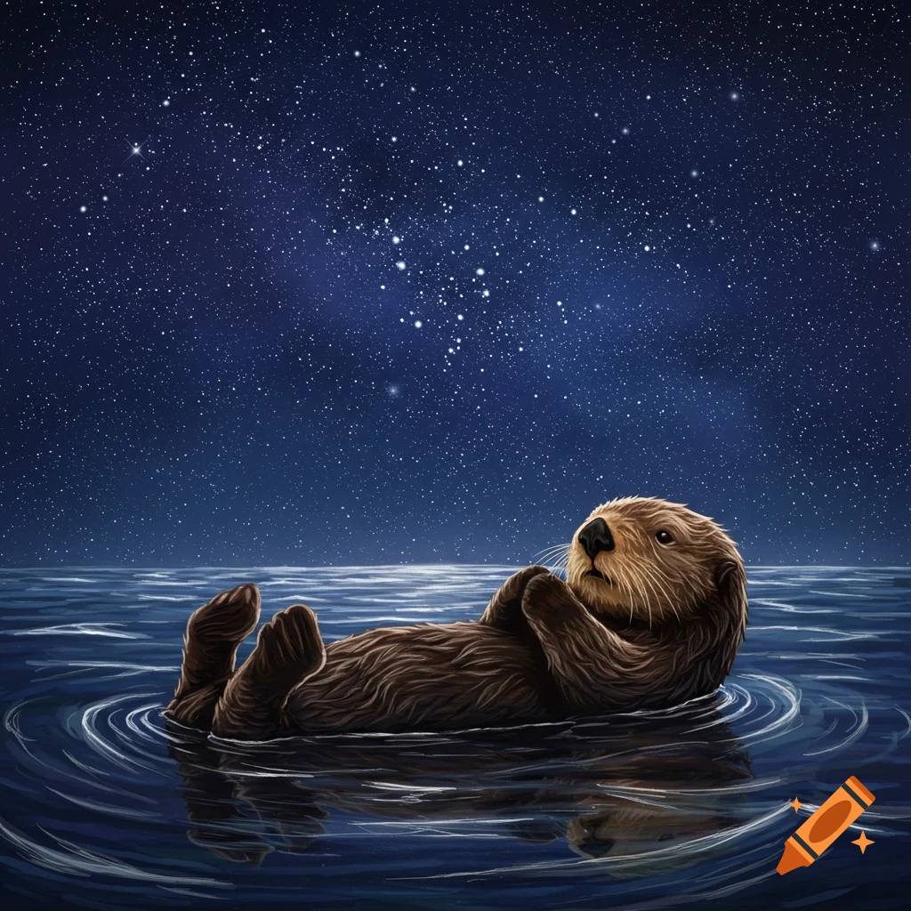 A sea otter floating on its back in dark water under a starry night sky.