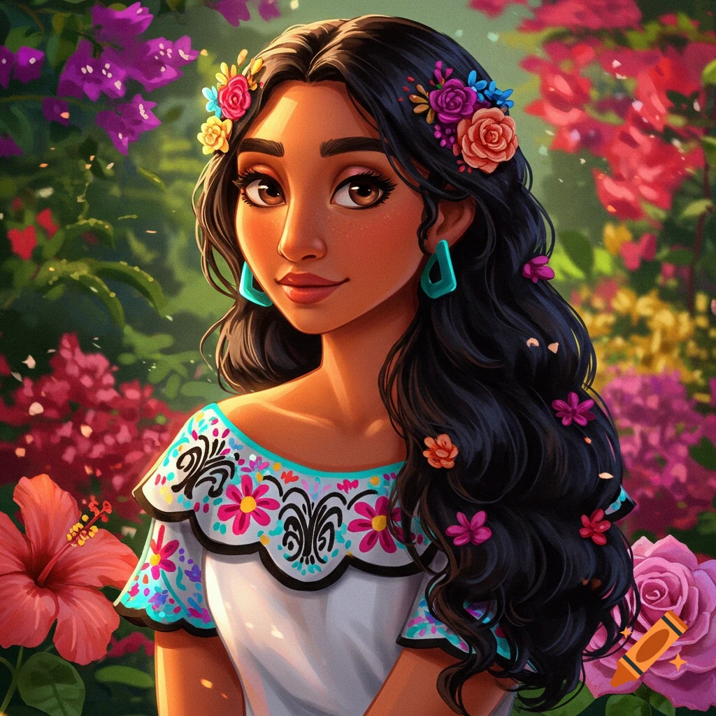 A woman with long dark hair and flowers in her hair wears a floral embroidered shirt and is surrounded by lush, colorful flowers.