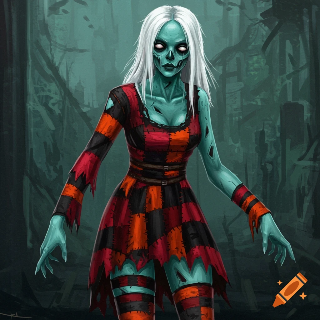 A zombie woman with teal skin, white hair, and a patchwork dress in a dark forest.