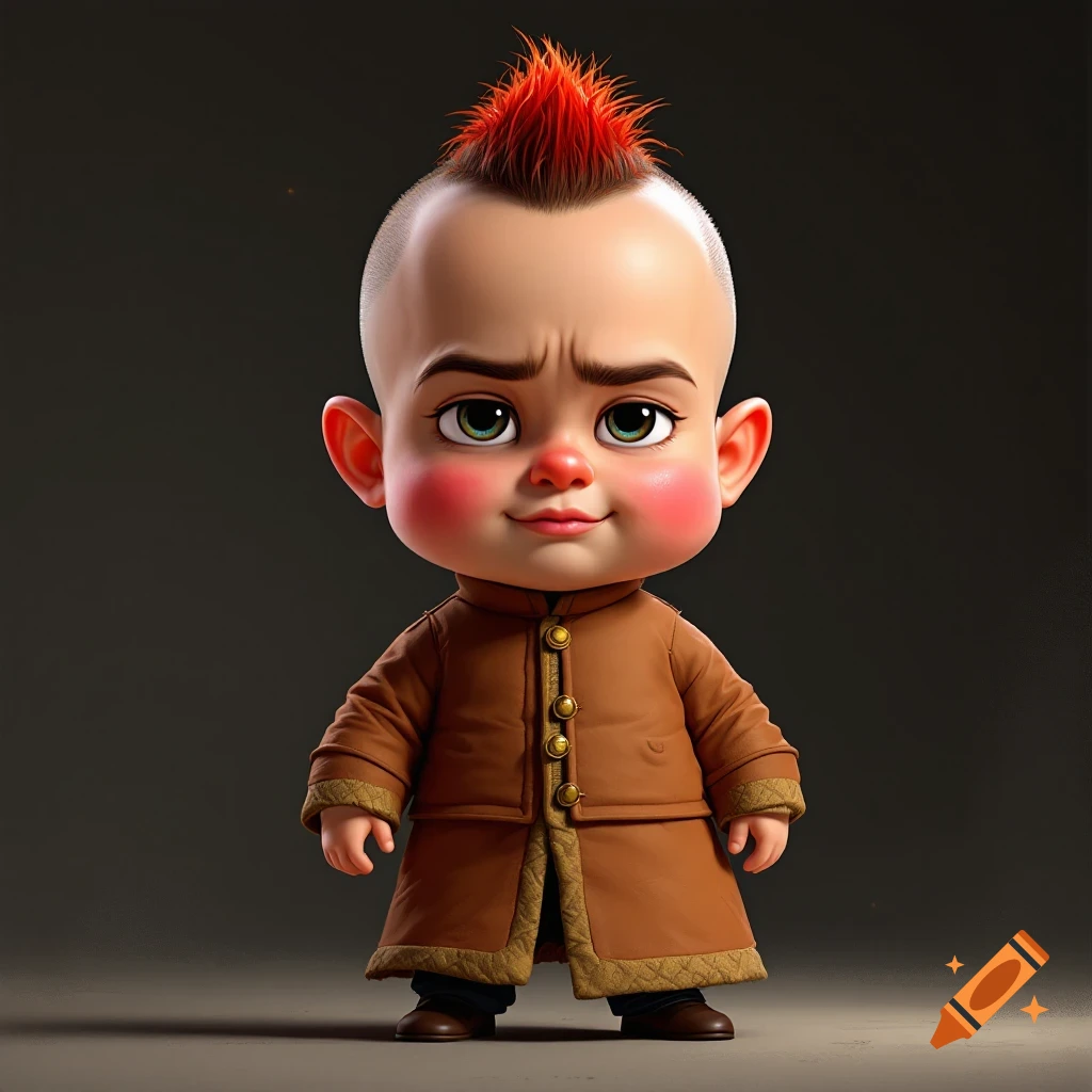 A stylized cartoon character resembling a Funko Pop figure, wearing a brown coat and having a red mohawk.