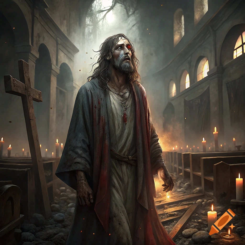 A zombie-like figure resembling Jesus stands in a ruined church filled with lit candles and debris.
