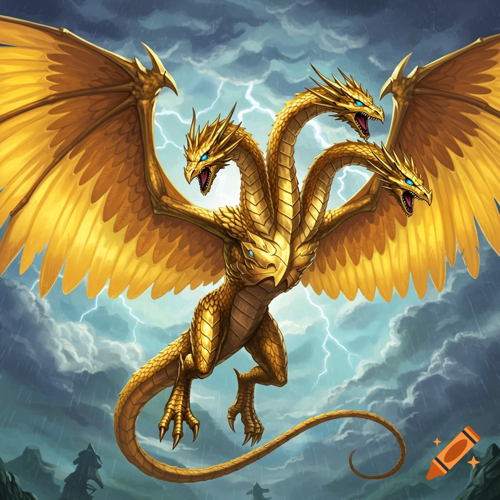 A large golden three-headed dragon flies through a stormy sky with lightning.