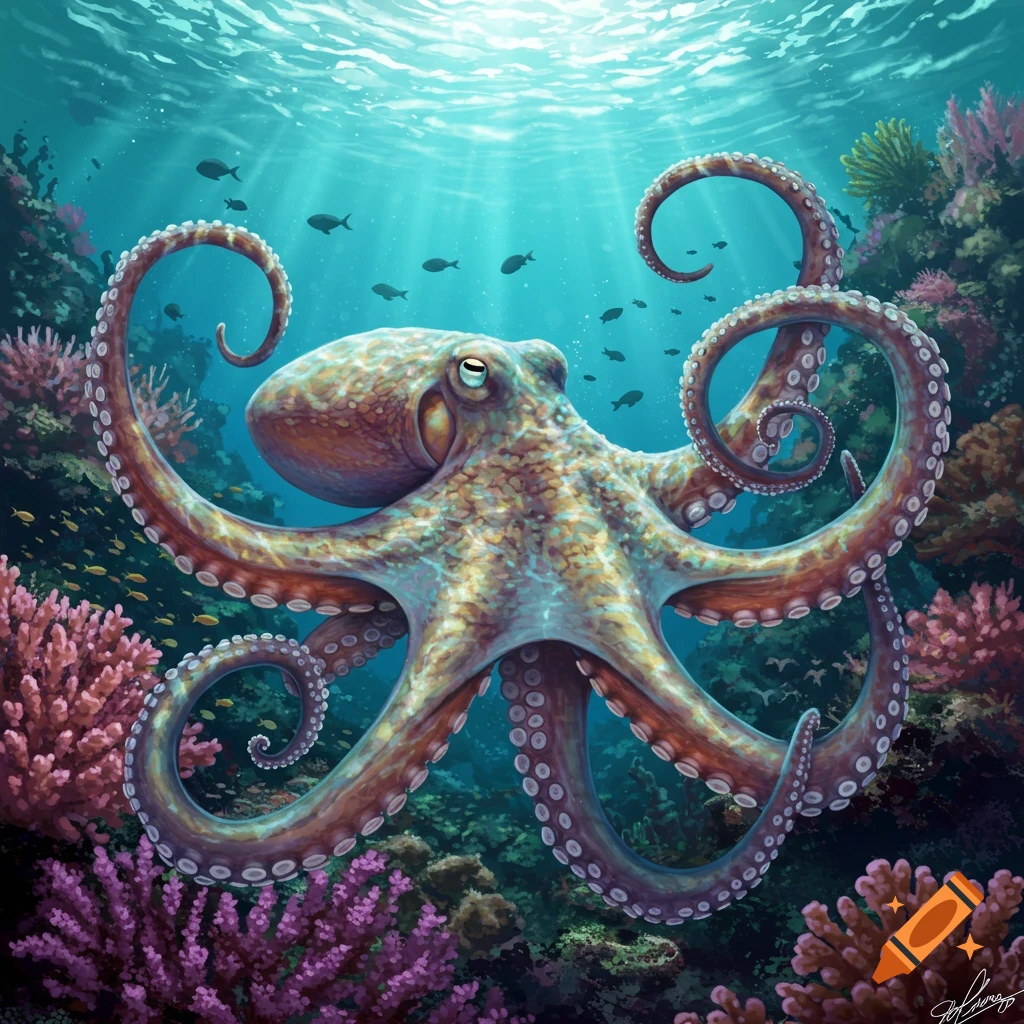 An octopus swims through a vibrant coral reef.
