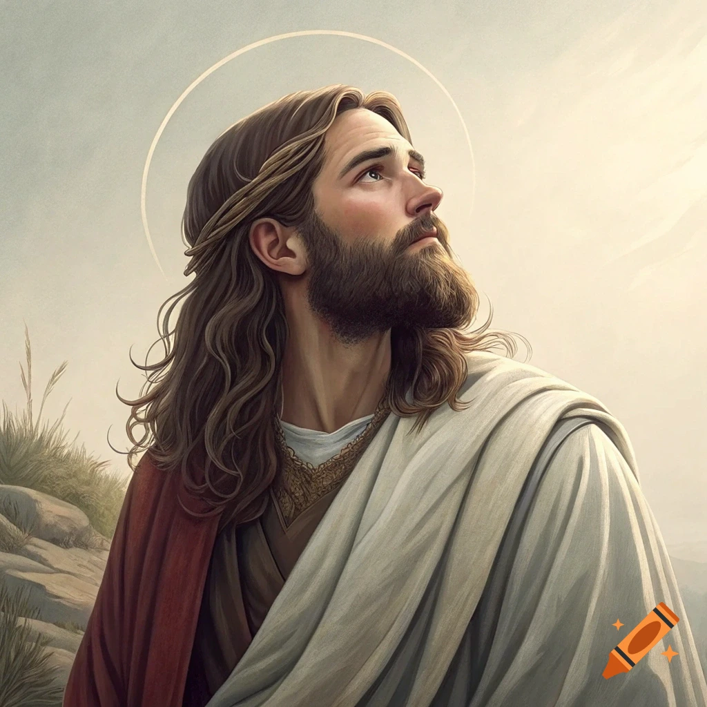 A depiction of Jesus Christ looking up, wearing a crown of thorns and a halo